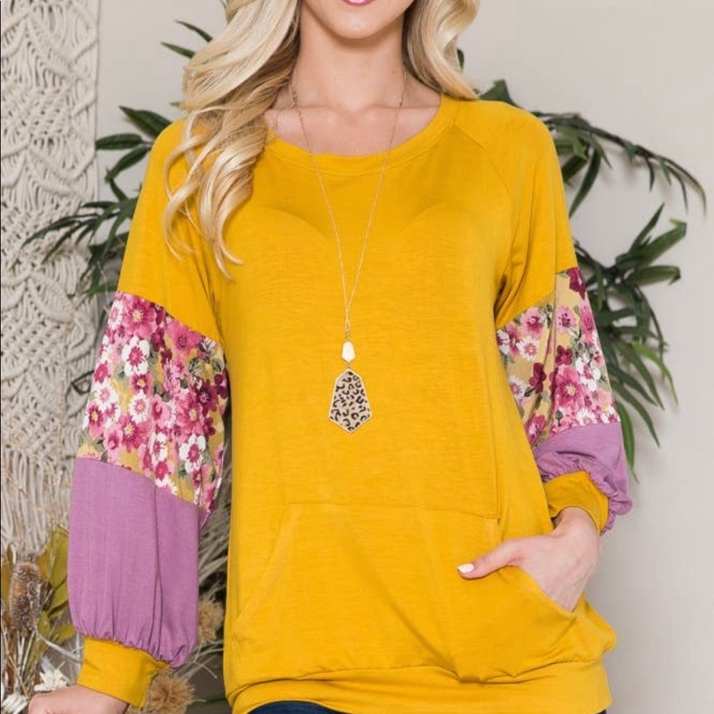 Mustard bell sleeve floral top
